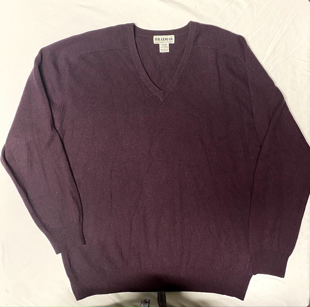 Braemar 100% Cashmere V-neck Sweater Plum Purple Sz M (fits like XL)